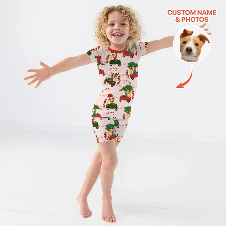 Custom Pet Photo Christmas Tikes Car Bamboo Two Piece Short Sleeve Shorts Pajama Set