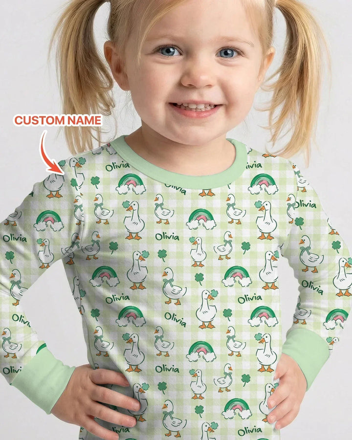 Custom Name Lucky Ducks Bamboo Two Piece Long Sleeve Pajama Set