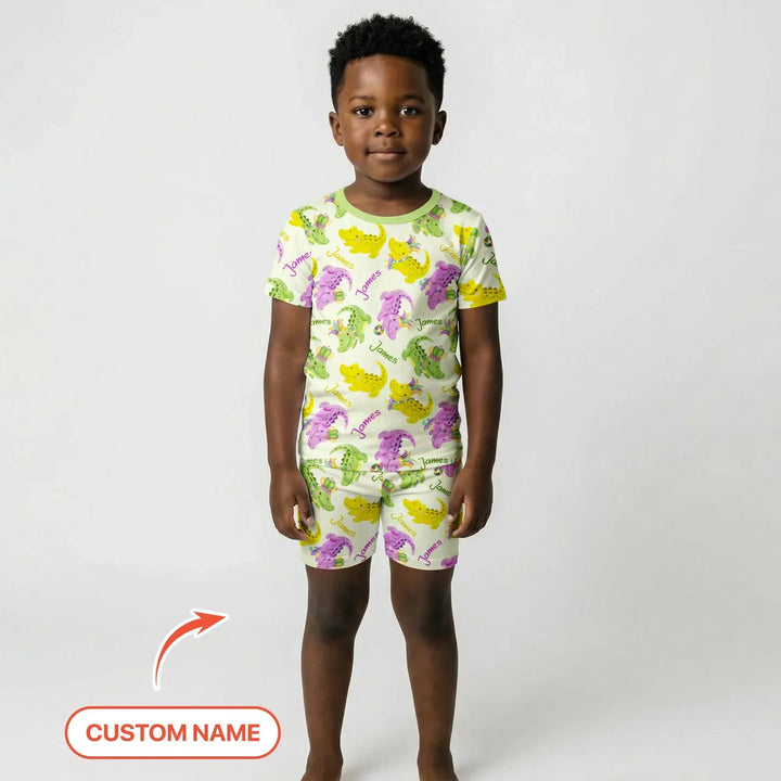 Custom Name Mardi Gras Alligator Bamboo Two Piece Short Sleeve Shorts Pajama Set
