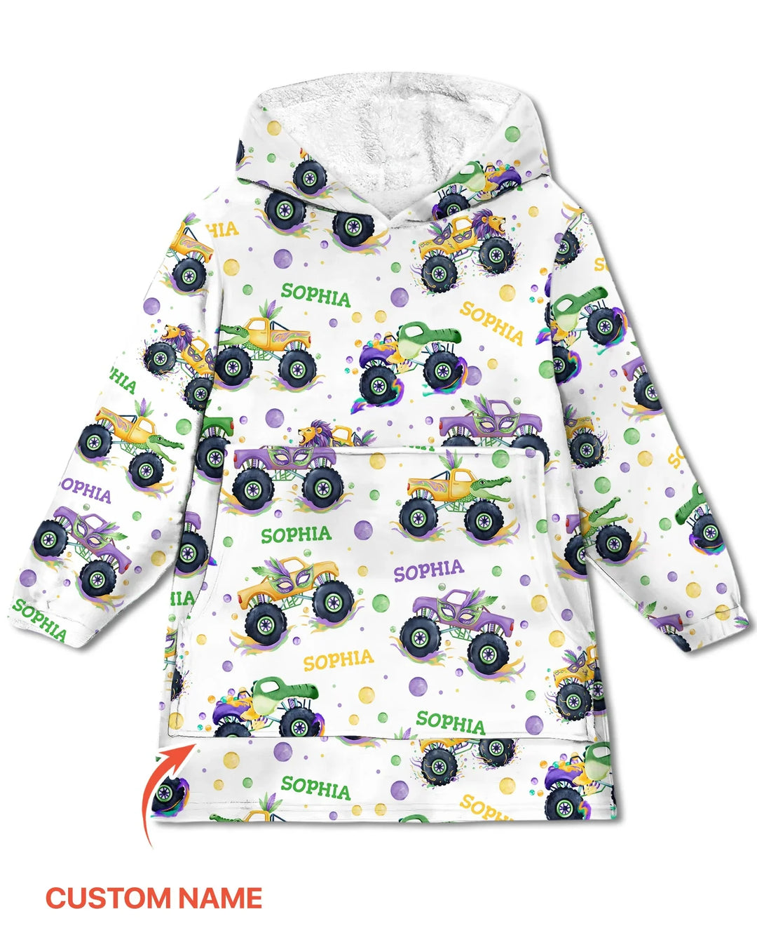 Custom Name Mardi Gras Monster Trucks Bamboo Blanket Hoodie