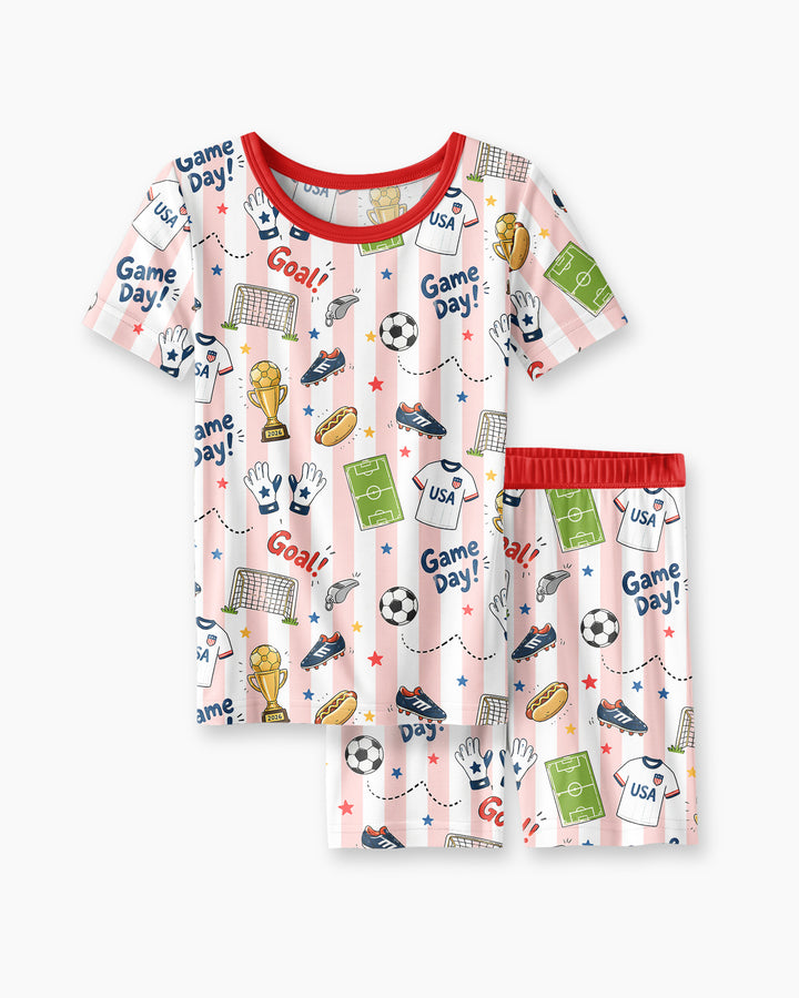 Striped Soccer Game Day Family Matching Bamboo Two Piece Short Sleeve Shorts Pajama Set