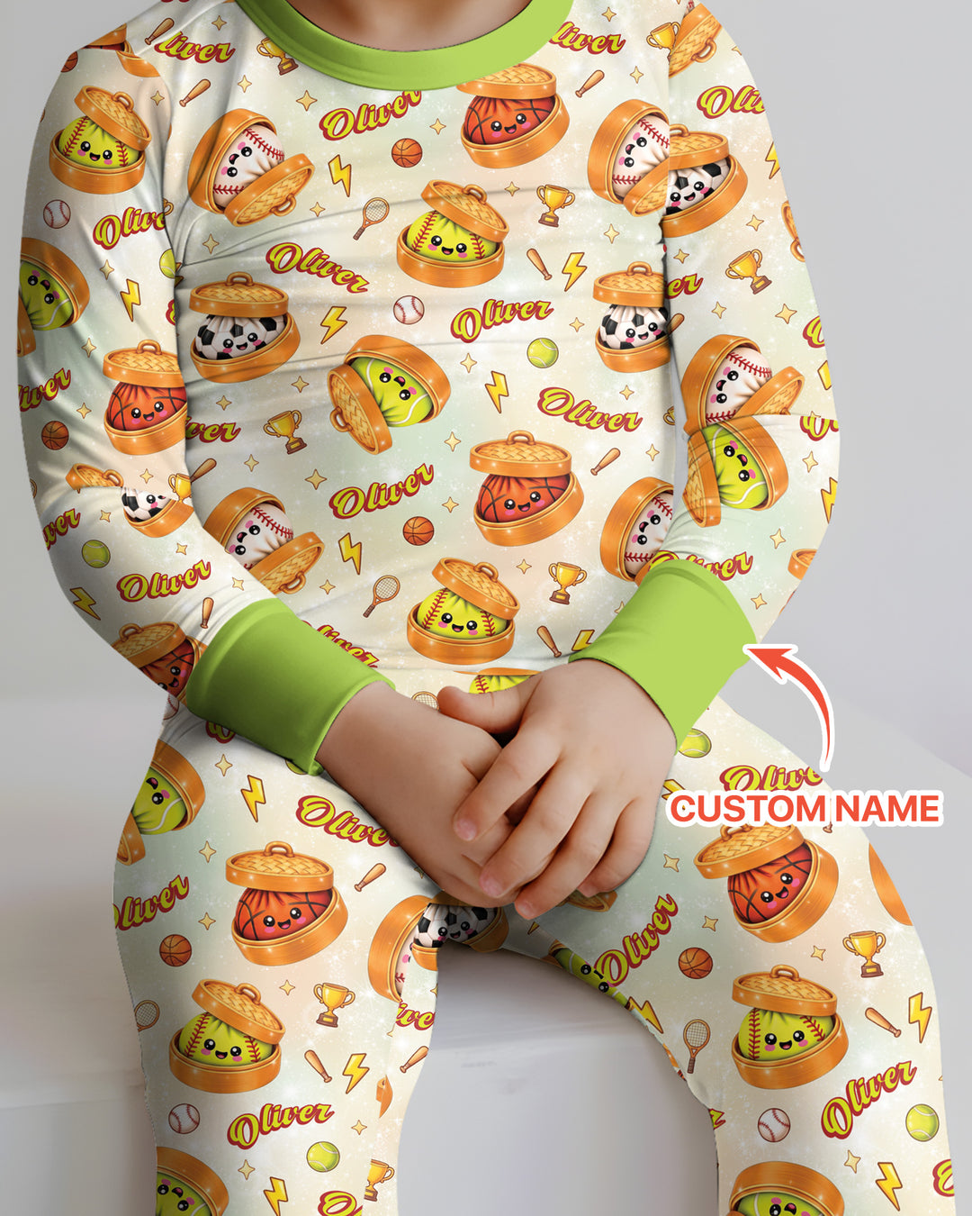 Custom Name Sports Dumpling Bamboo Two Piece Long Sleeve Pajama Set