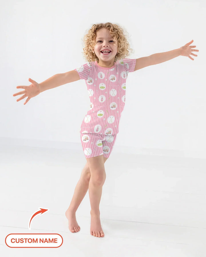 Custom Name Pink Golf Girl Bamboo Two Piece Short Sleeve Shorts Pajama Set