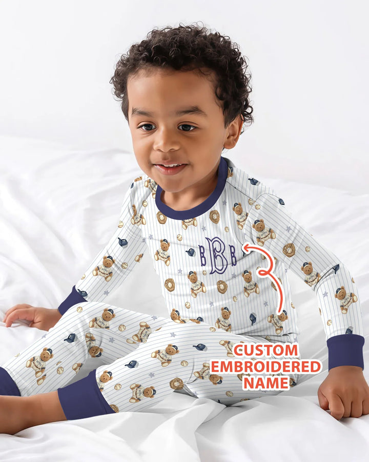 Personalized Embroidered Teddy Bear Baseball Baby Bamboo Two Piece Long Sleeve Pajama Set