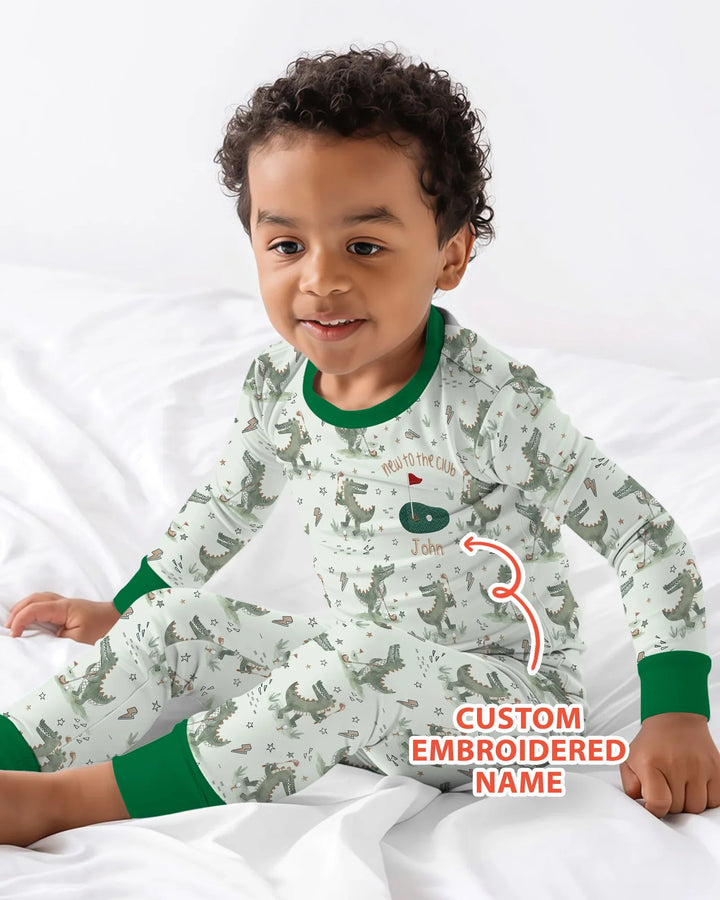 Personalized Embroidered Name Crocodile Golf Bamboo Two Piece Long Sleeve Pajama Set