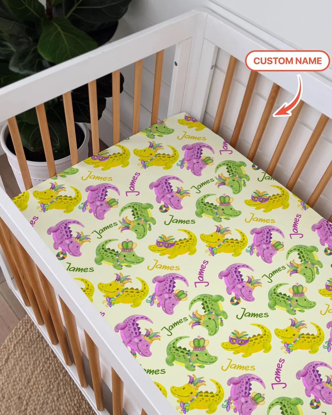 Custom Name Mardi Gras Alligator Bamboo Fitted Crib Sheet