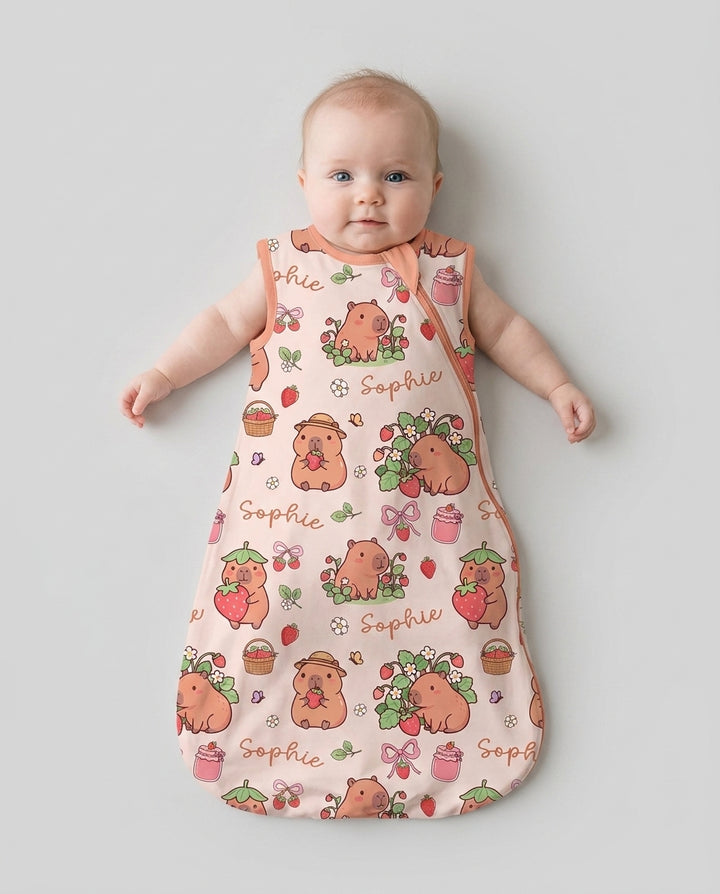 Custom Name Capybara Strawberry Bamboo Sleep Bag