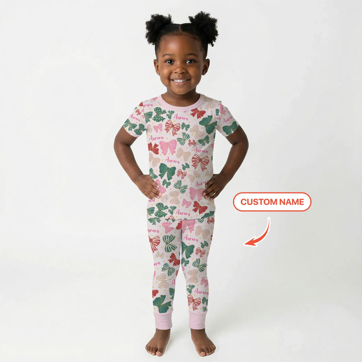 Custom Name Preppy Coquette Bows Bamboo Two Piece Short Sleeve Pajama Set