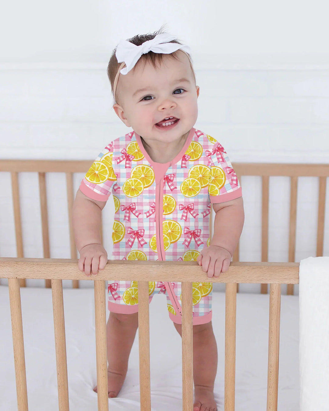 Pink Lemons Bows Checkered Bamboo Shorty Zippy