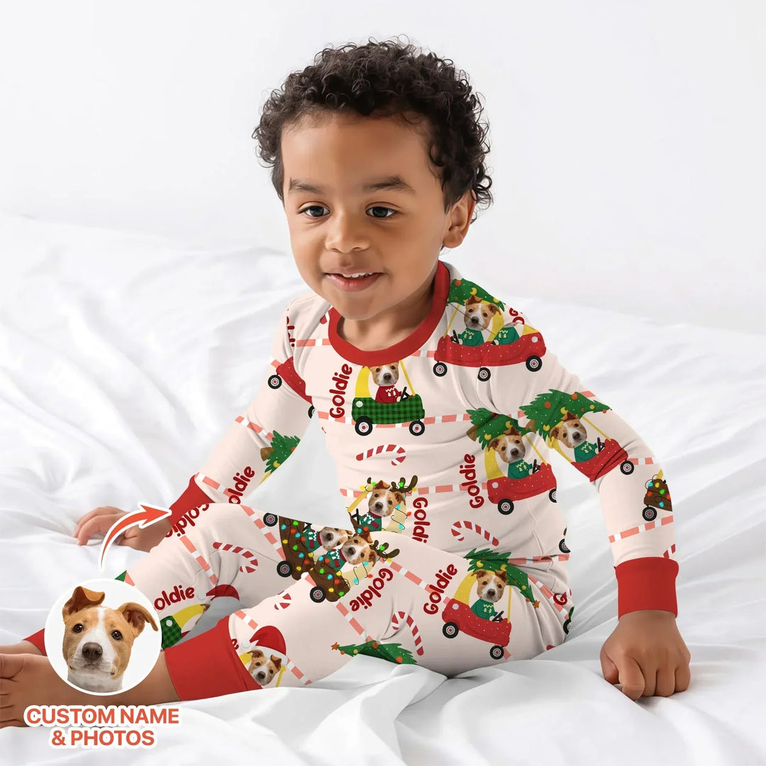 Custom Pet Photo Christmas Tikes Car Bamboo Two Piece Long Sleeve Pajama Set