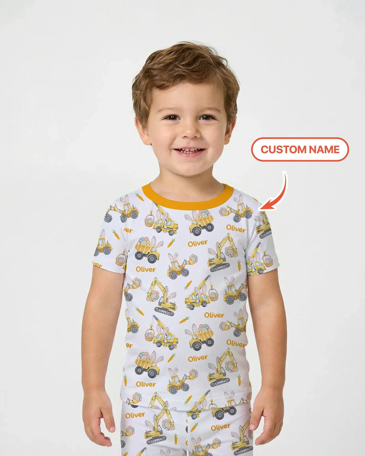 Custom Name Eggs-cavator Construction Bamboo Two Piece Short Sleeve Pajama Set