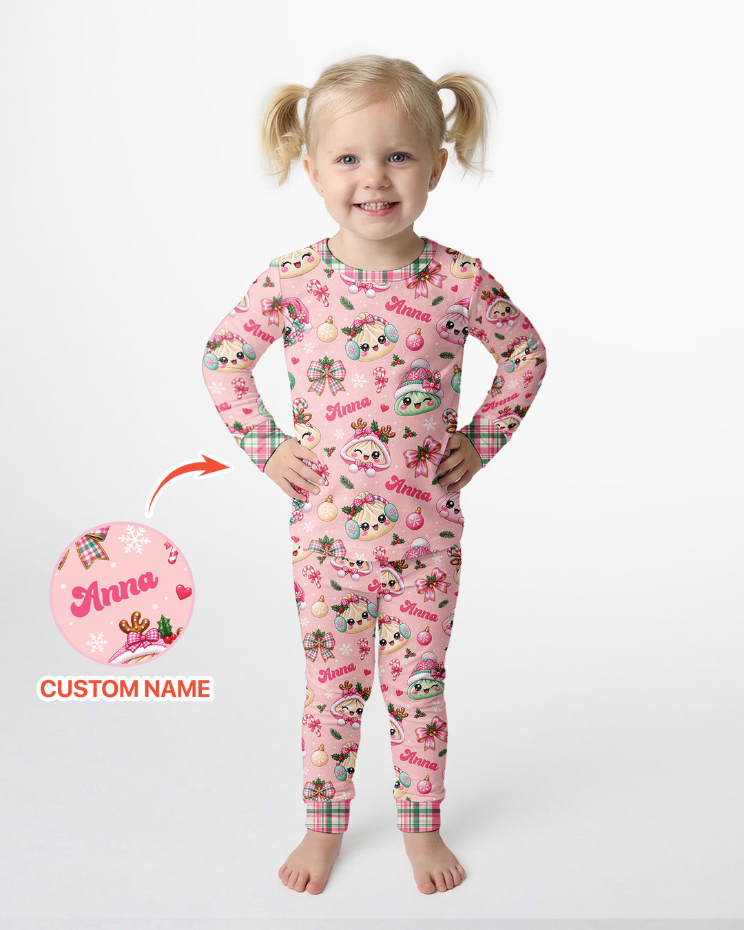 Custom Name Kawaii Christmas Dumpling Bamboo Two Piece Long Sleeve Pajama Set