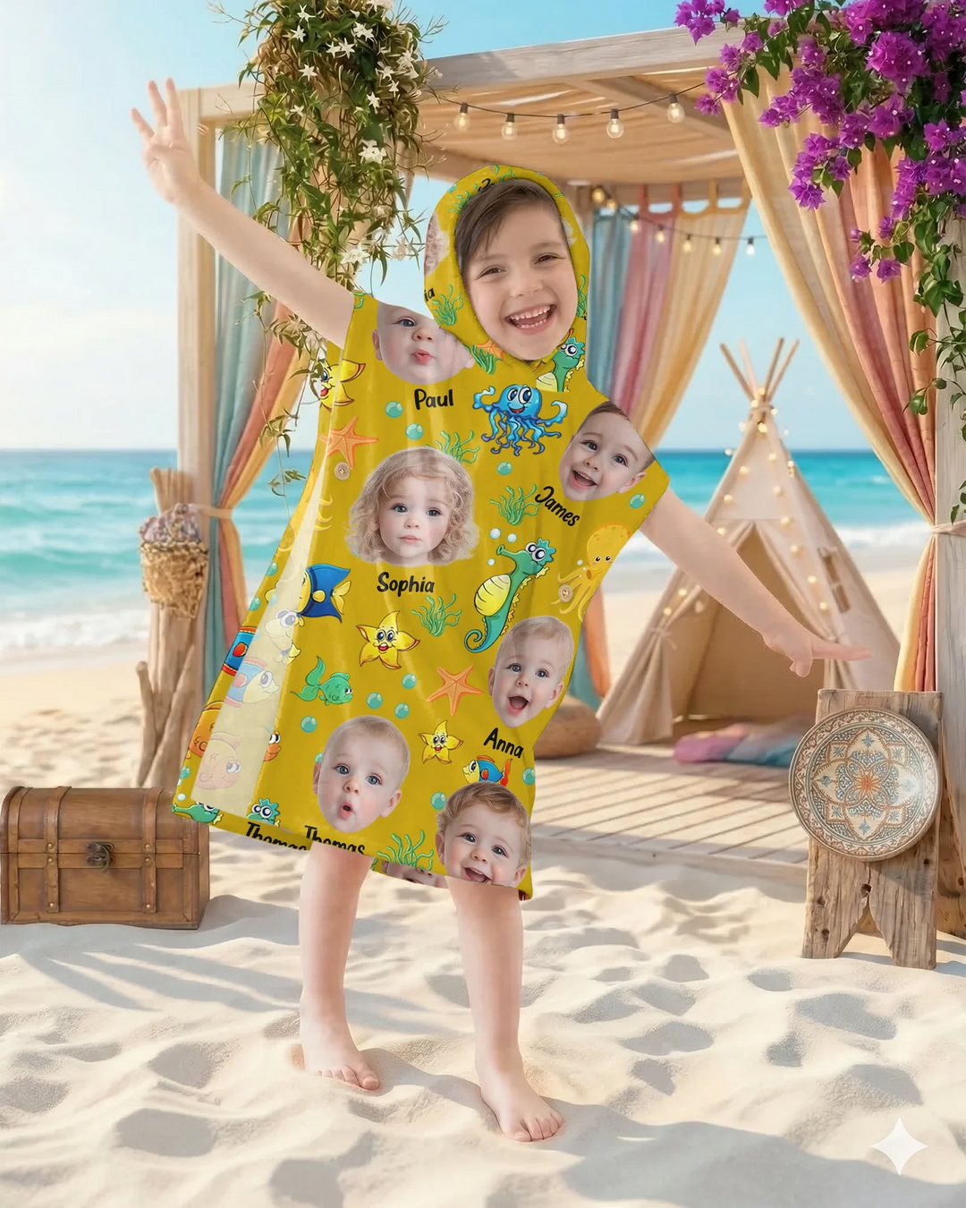 Custom Photo Cute Kid Face Watercolor Sea Creatures Summery Bamboo Swim Poncho