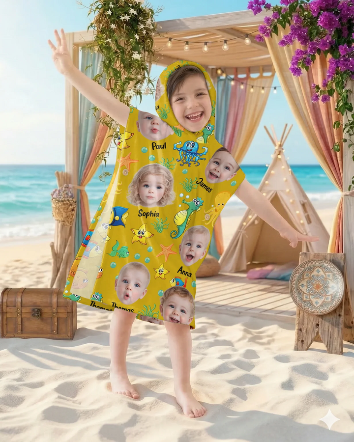 Custom Photo Cute Kid Face Watercolor Sea Creatures Summery Bamboo Swim Poncho