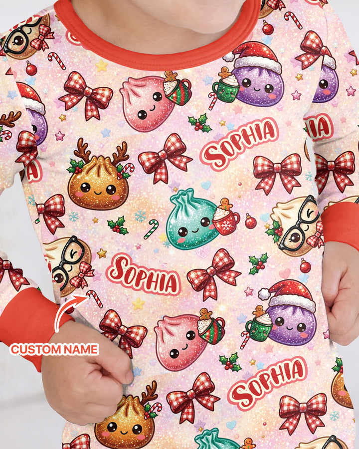 Custom Name Merry Christmas Dumpling Bamboo Two Piece Long Sleeve Pajama Set
