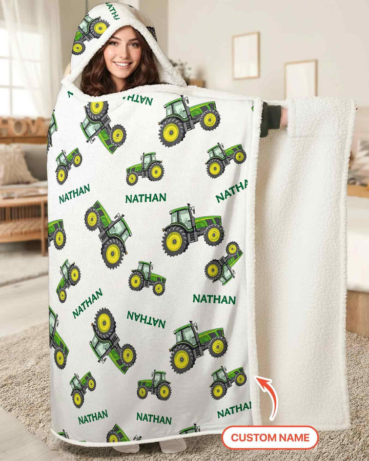 Custom Name Green Tractors Matching Daddy & Me Bamboo Wearable Hooded Blanket
