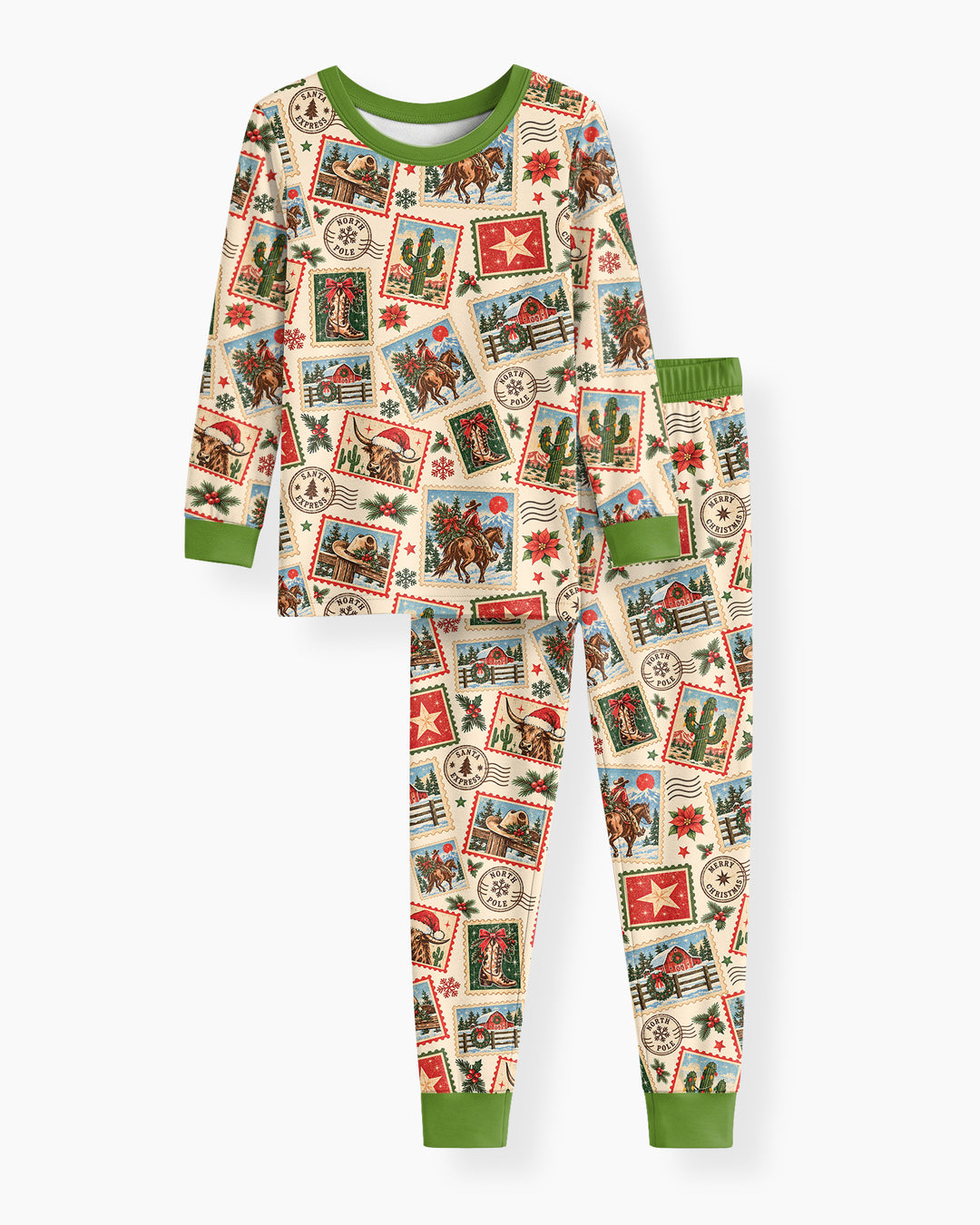 Western Christmas Stamps Bamboo Two Piece Long Sleeve Pajama Set