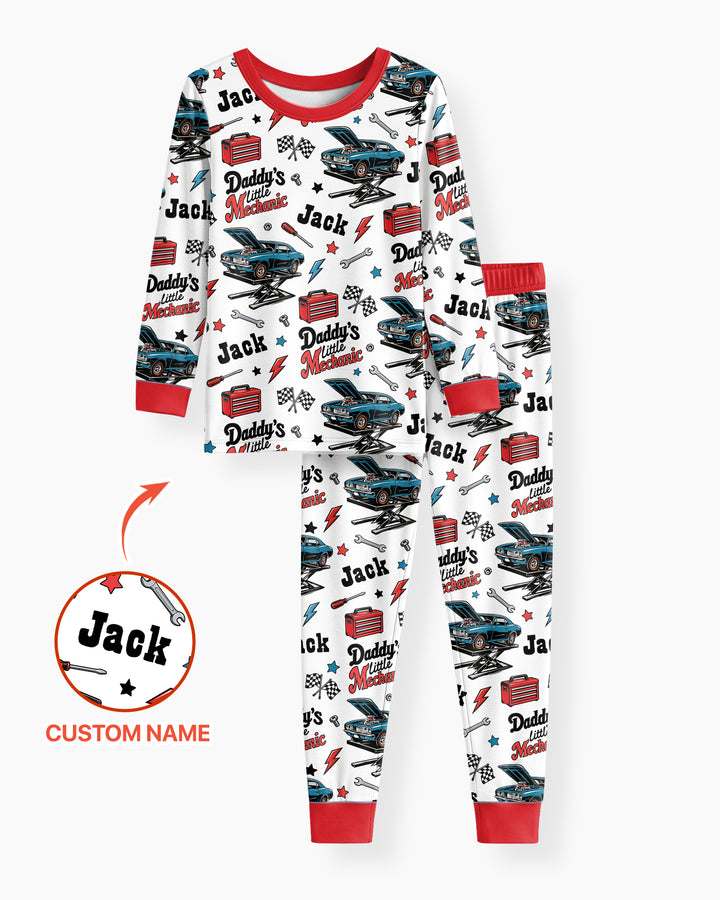 Custom Name Daddy's Little Mechanic Bamboo Two Piece Long Sleeve Pajama Set