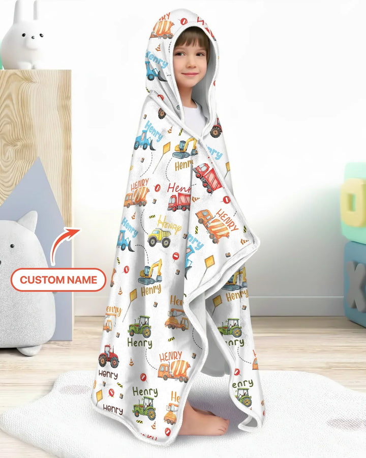 Construction Vehicles Custom Name Bamboo Wearable Hooded Blanket