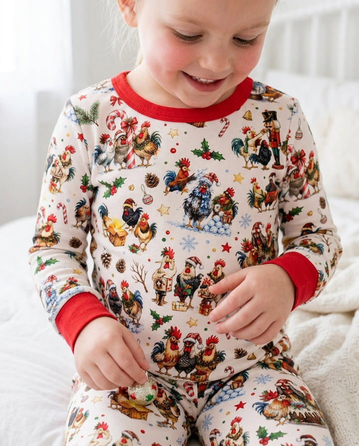 Funny Roosters On Christmas Bamboo Two Piece Long Sleeve Pajama Set