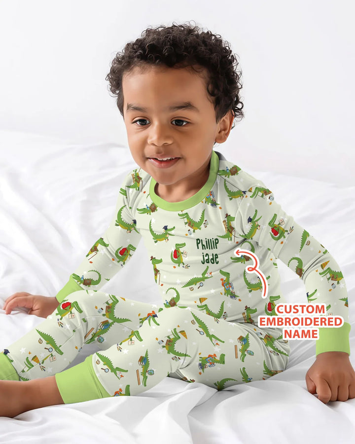 Custom Name Embroidered Alligator Bamboo Two Piece Long Sleeve Pajama Set