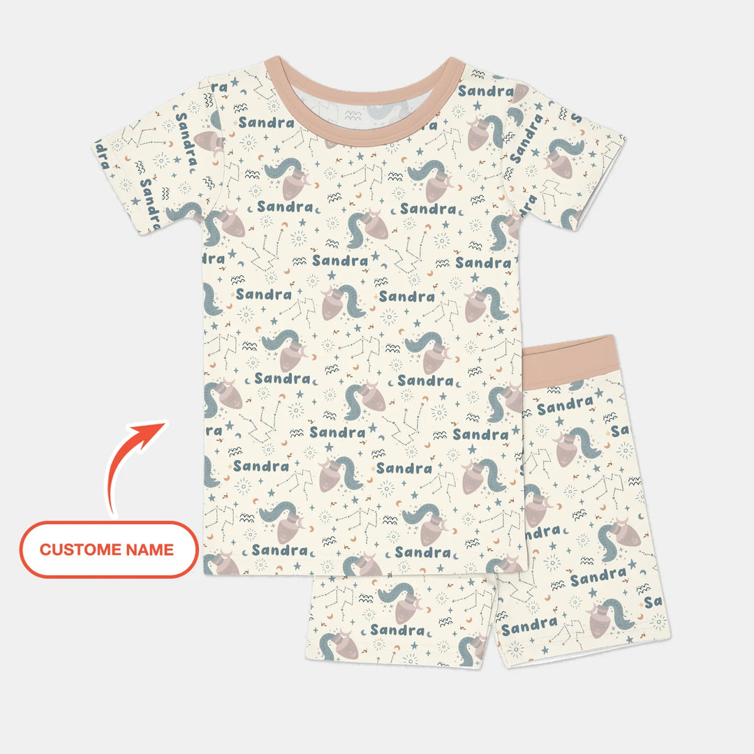 Bohemian Baby Zodiac Signs Custom Name Bamboo Two Piece Short Sleeve Shorts Pajama Set