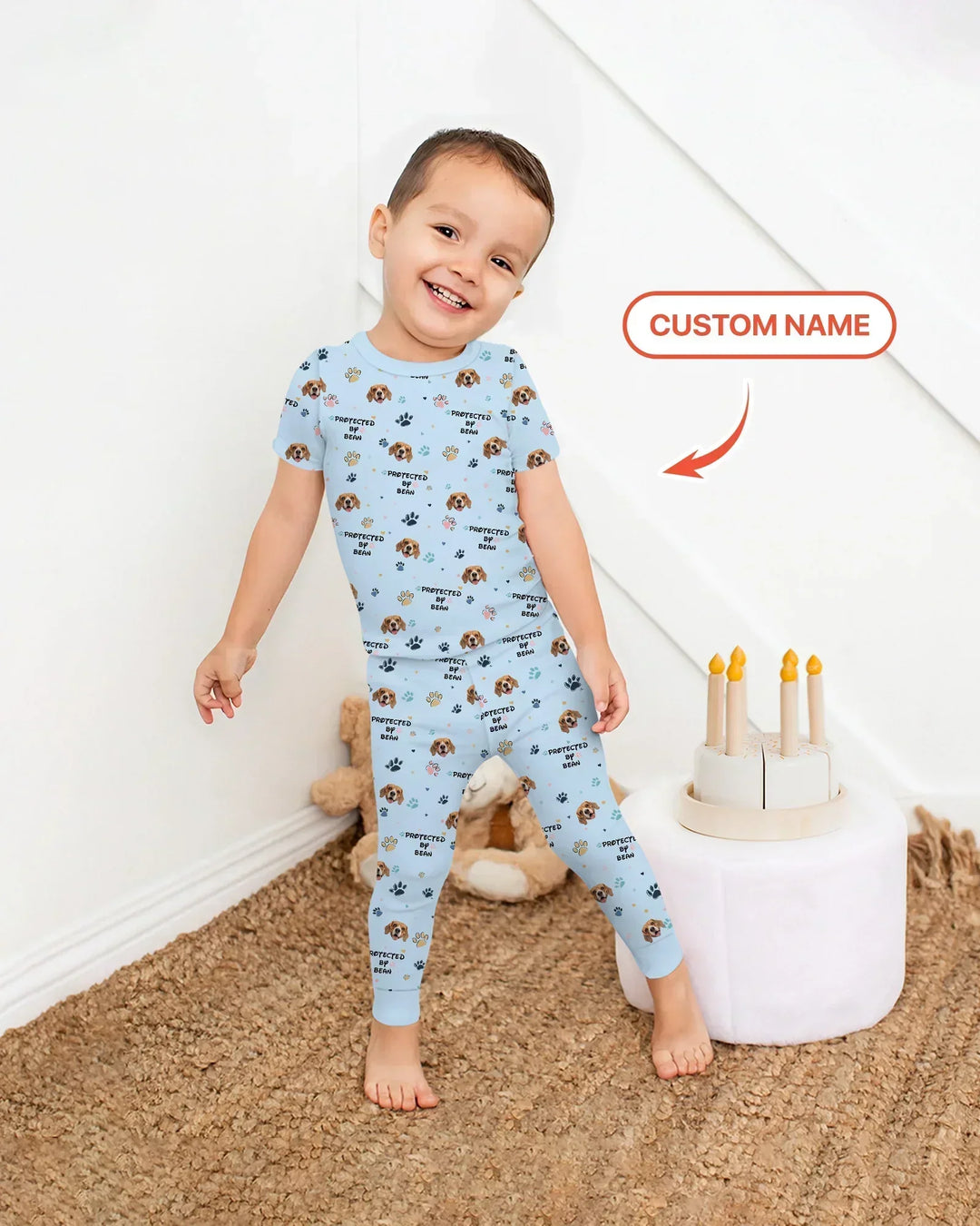 Custom Dogs Photo "Protected By" Bamboo Two Piece Short Sleeve Pajama Set