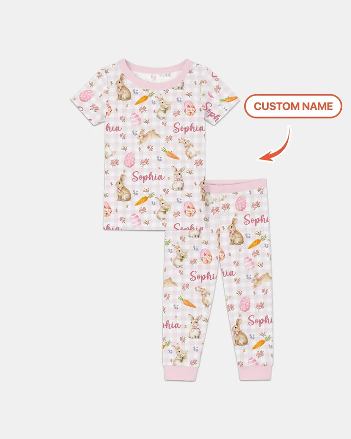 Custom Name Bunny Garden Bamboo Two Piece Short Sleeve Pajama Set