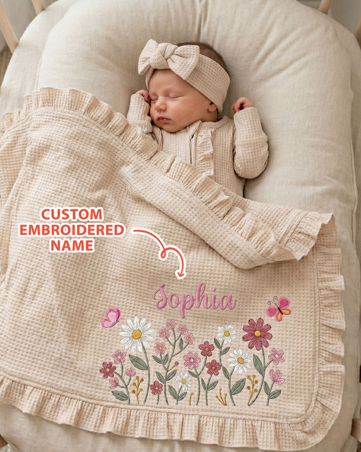 Custom Name With Flower Embroidered Waffle Ruffle Bamboo Blanket