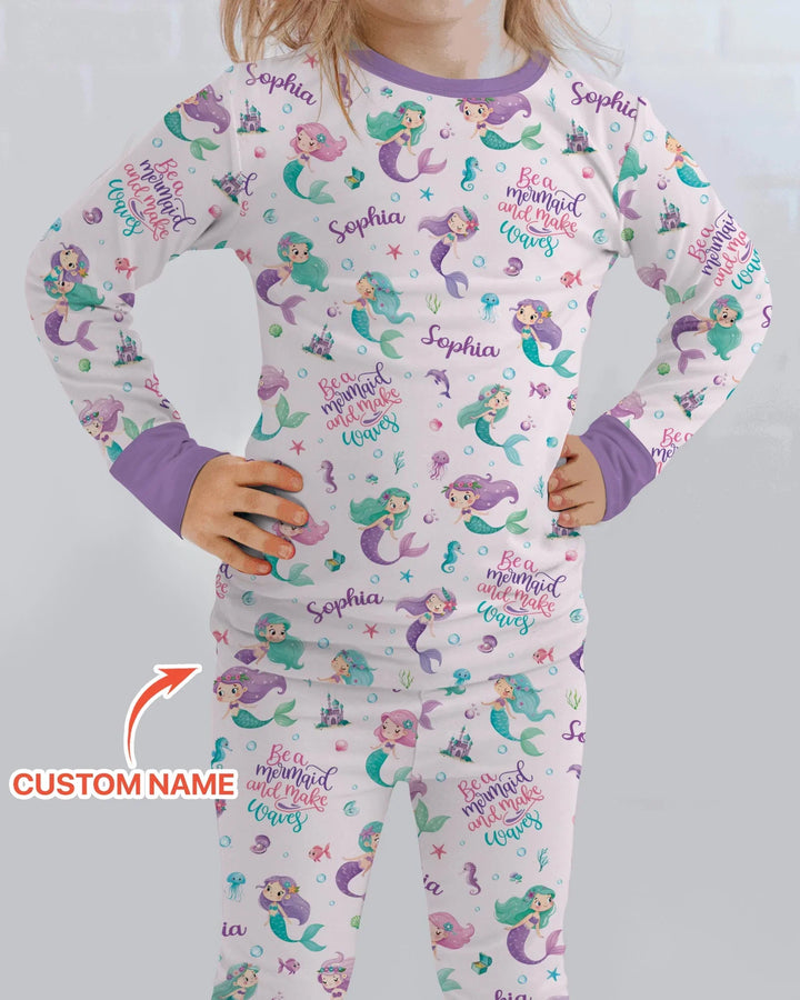 Custom Name Mermaid Make Waves Bamboo Two Piece Long Sleeve Pajama Set