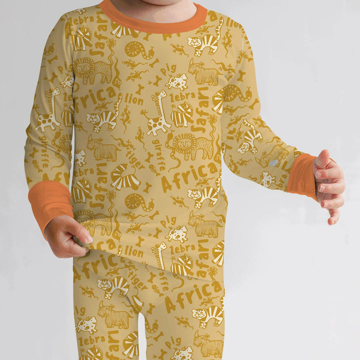 Handdrawn African Animals Bamboo Two Piece Long Sleeve Pajama Set
