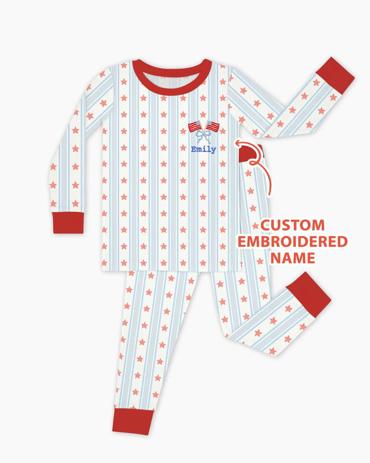 Custom Name Embroidered First 4th Of July Baby Bamboo Two Piece Long Sleeve Pajama Set