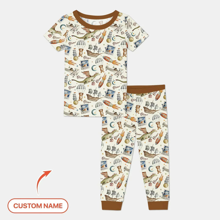 Adventure Dreams Custom Name Bamboo Two Piece Short Sleeve Pajama Set