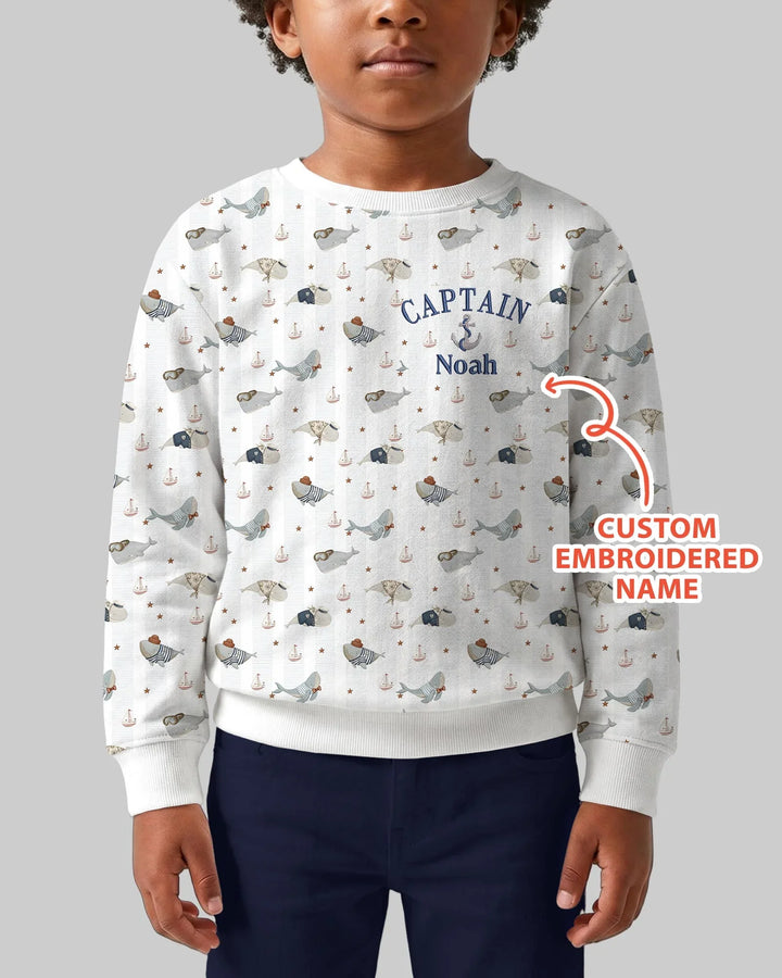 Custom Embroidered Name Little Captain of the Whale Crew Bamboo Crewneck Sweatshirt
