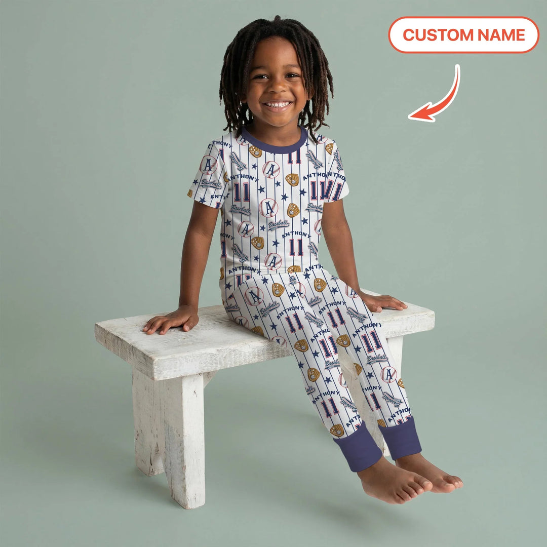 Custom Name Baseball Time Bamboo Two Piece Short Sleeve Pajama Set