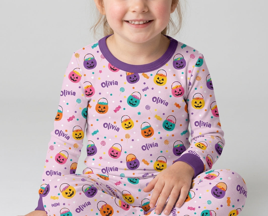 Custom Colorful Trick Or Treat Halloween Candy Bag Bamboo Two Piece Long Sleeve Pajama Set