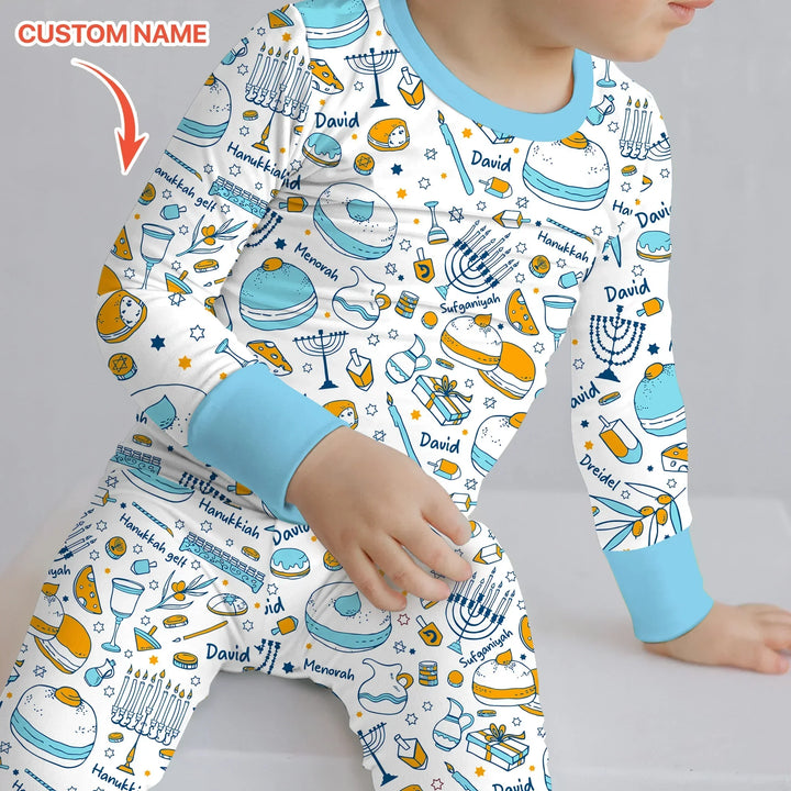 Happy Hanukkah Doodles Custom Name Family Matching Bamboo Two Piece Long Sleeve Pajama Set