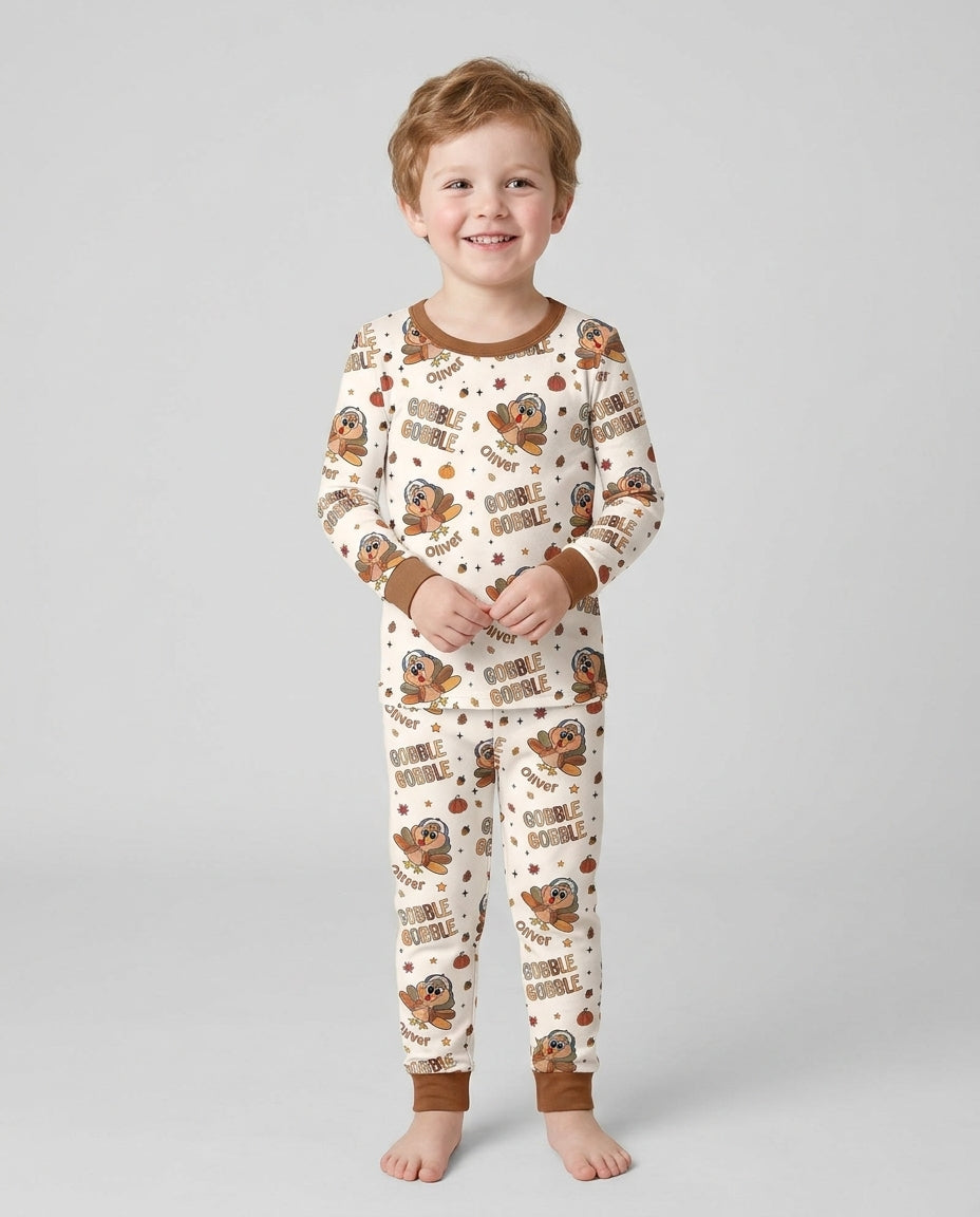 Custom Name Gobble Gobble Bamboo Two Piece Long Sleeve Pajama Set