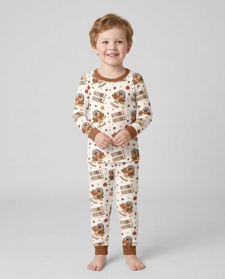 Custom Name Gobble Gobble Bamboo Two Piece Long Sleeve Pajama Set