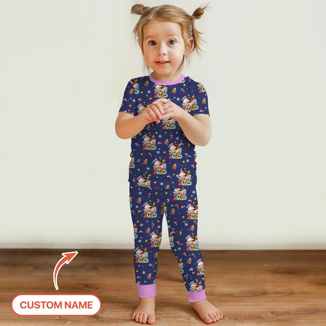 Custom Name Baby Girl's First Christmas Bamboo Two Piece Short Sleeve Pajama Set