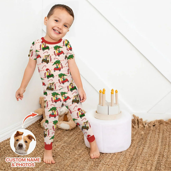Custom Pet Photo Christmas Tikes Car Bamboo Two Piece Short Sleeve Pajama Set