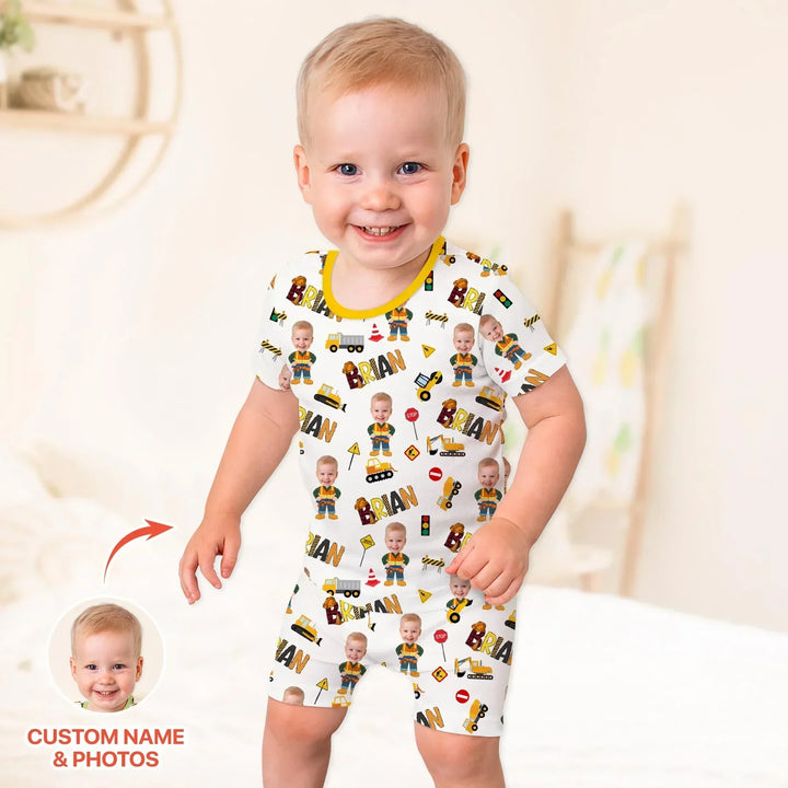 Custom Photo Doodle Little Builder Bamboo Two Piece Short Sleeve Shorts Pajama Set