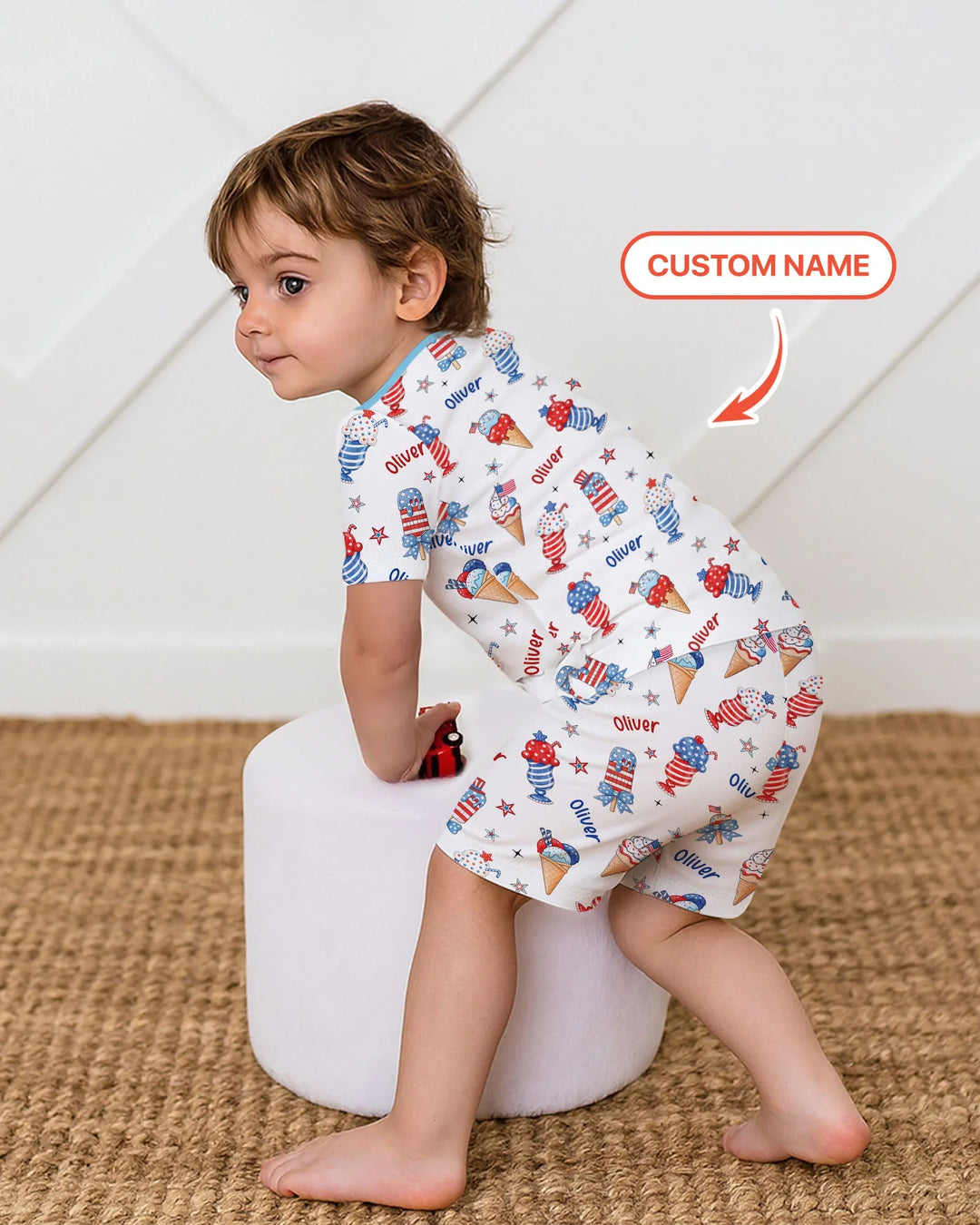 Custom Name Red, White & Ice Cream Bamboo Two Piece Short Sleeve Shorts Pajama Set