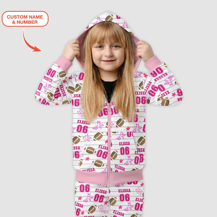 Custom Name Football Time Pink Bamboo Zip Hoodie