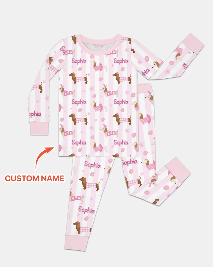 Custom Name Easter Dachshunds Family Matching Bamboo Two Piece Long Sleeve Pajama Set