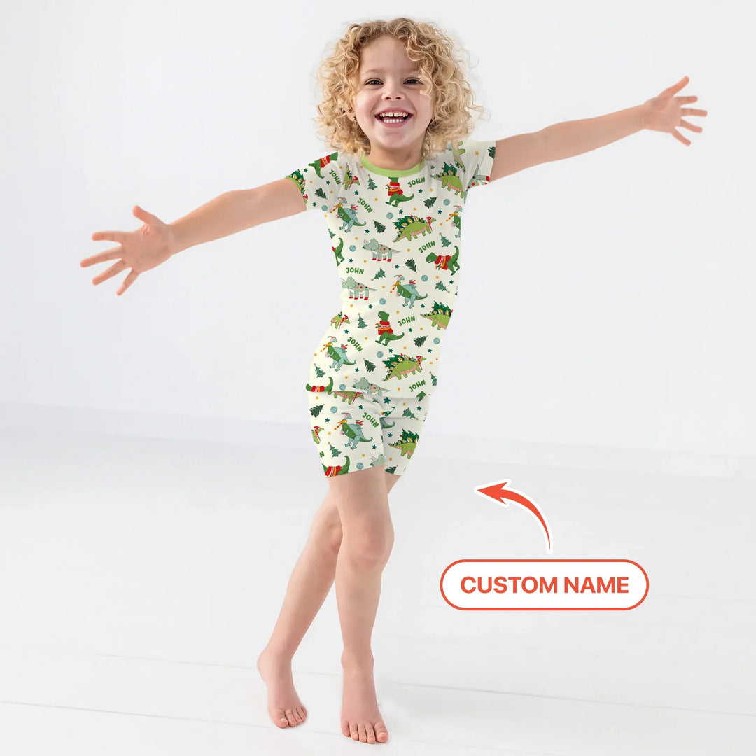 Custom Name Dinosaurs Christmas Tree Bamboo Two Piece Short Sleeve Shorts Pajama Set