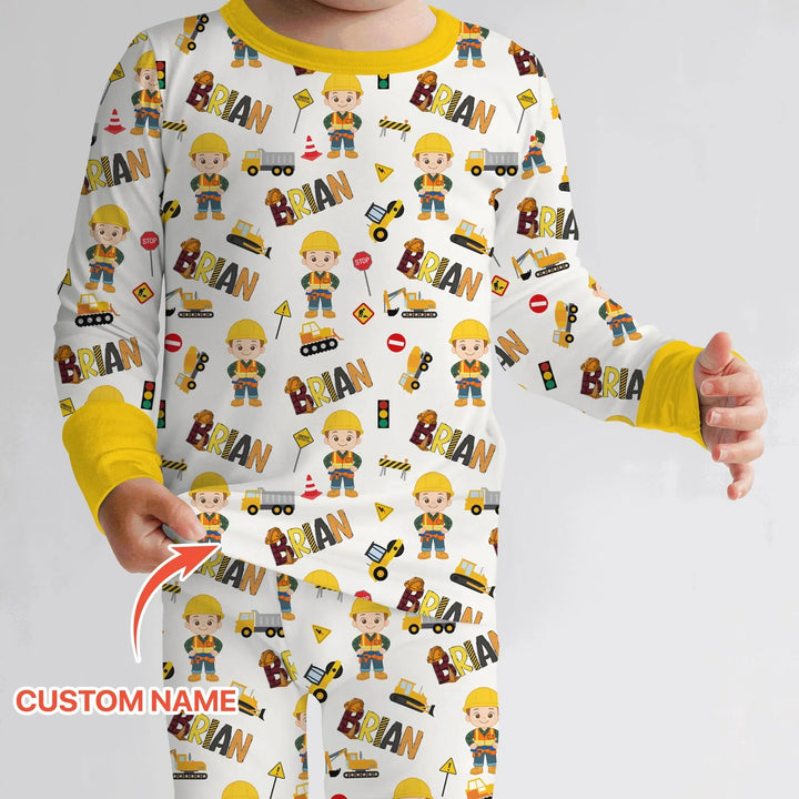 Custom Name Doodle Little Builder Bamboo Two Piece Long Sleeve Pajama Set