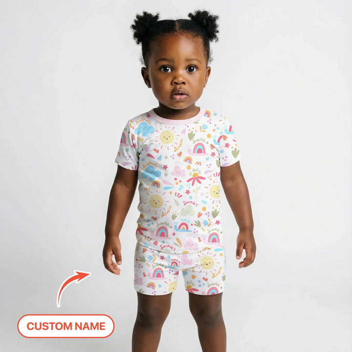 Custom Name Positive Spring Garden Bamboo Two Piece Short Sleeve Shorts Pajama Set