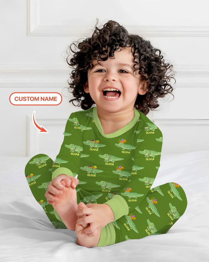 Custom Name Mardi Gras Gator Bamboo Two Piece Long Sleeve Pajama Set