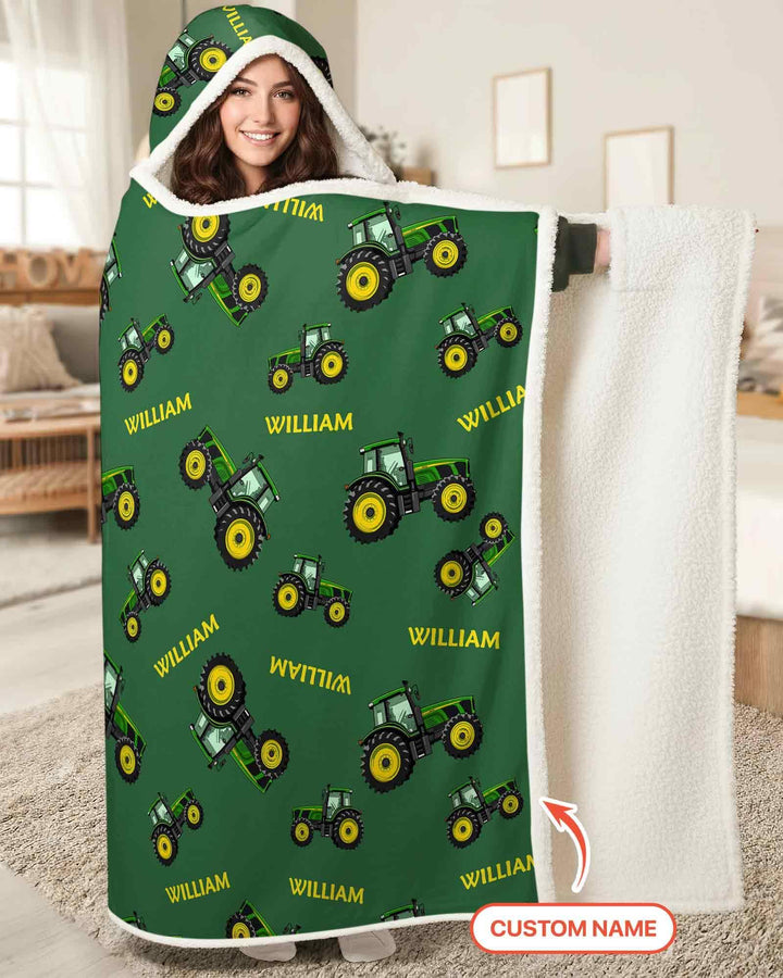 Custom Name Green Tractors Matching Daddy & Me Bamboo Wearable Hooded Blanket